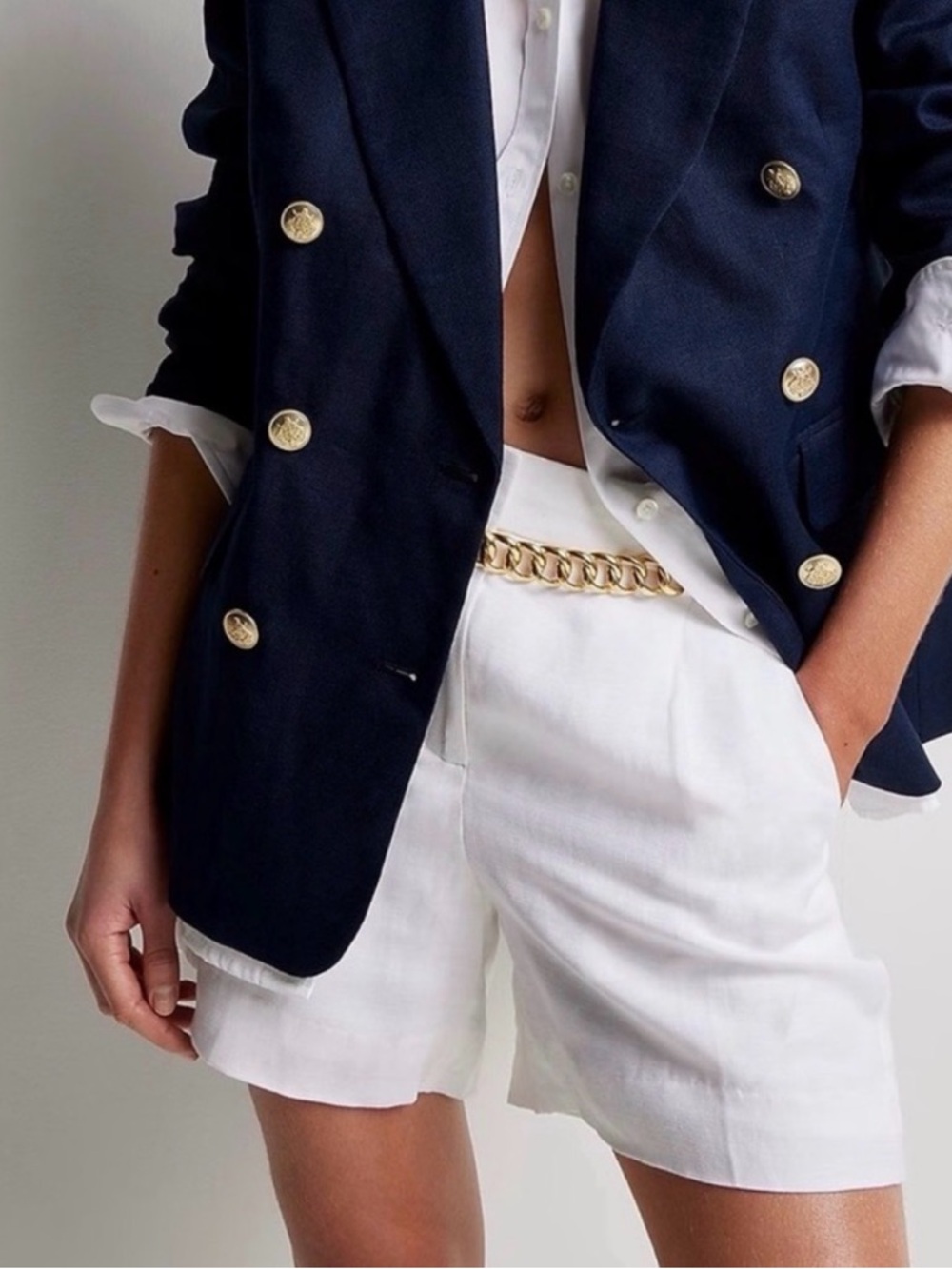 J. Crew White High-Waist Linen Shorts with Gold Chain Accent